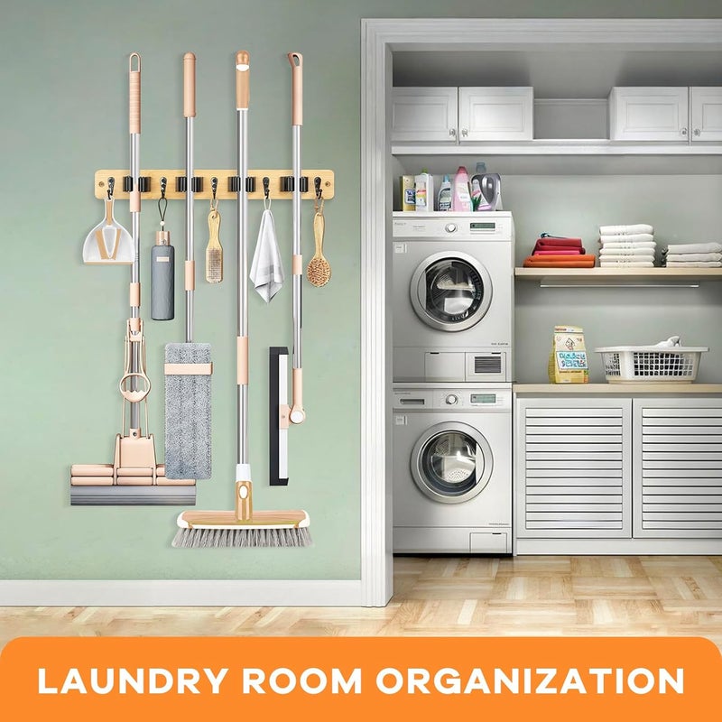 IMILLET Mop and Broom Holder Wall Mount, Bamboo Broom Hanger with 4 Racks and 5 Hooks, Laundry Room Decor, Self Adhesive Over the Door Broom Organizer, Wall Organizer for Home Garage Closet (1 Pack) - Image 4